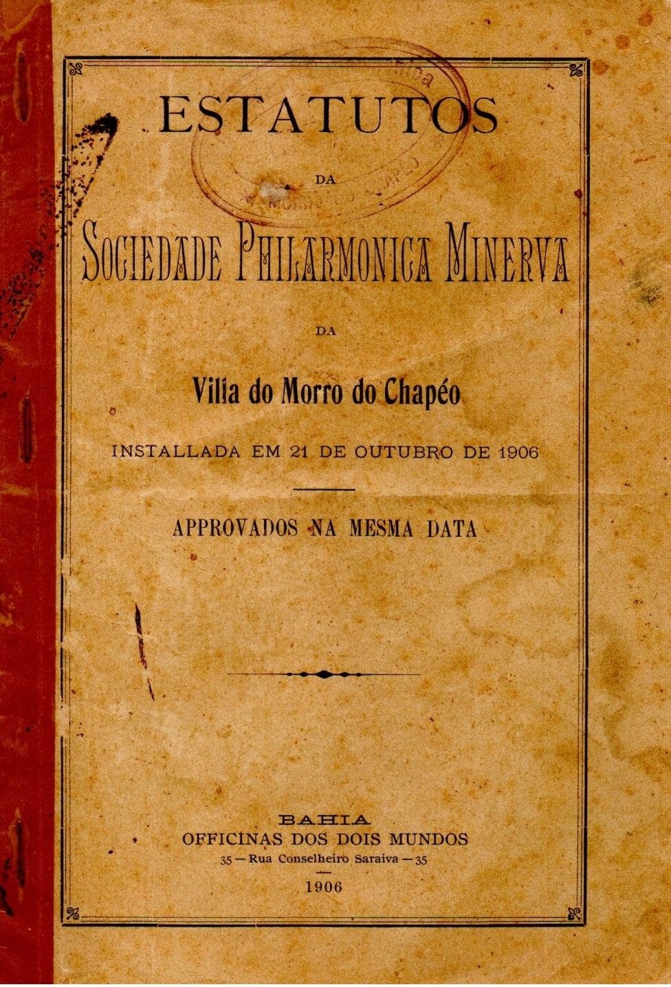 Capa original do 1º Estatuto da Sociedade Philarmonica Minerva impresso em 1906 em Salvador